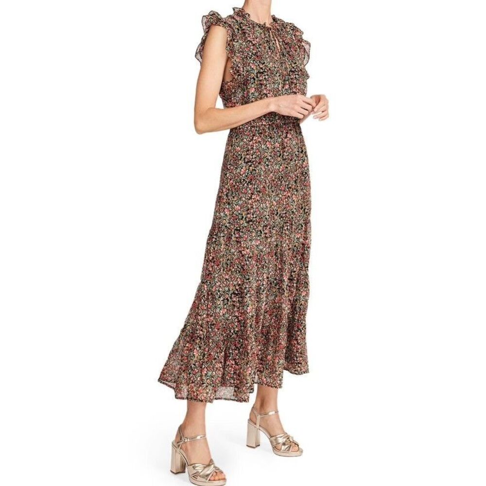 BB Dakota Steve Madden Ditsy Dress Womens M Chiffon Floral Tiered Flutter Maxi